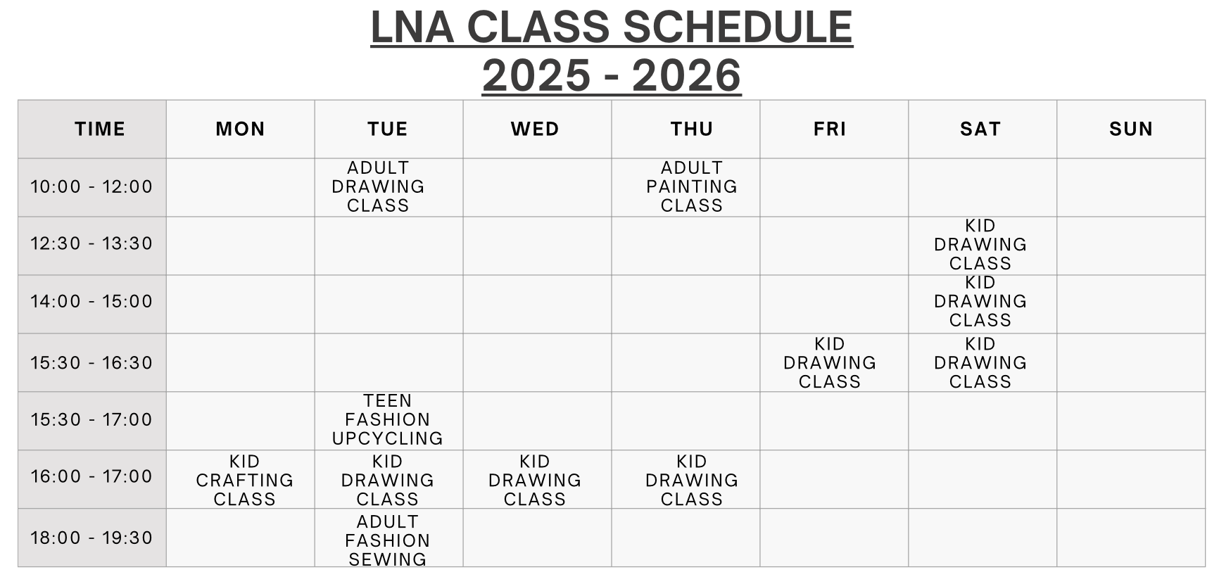 Luna Nguyen Atelier CLASS SCHEDULE 2025 - 2026 Luna Nguyen Atelier CLASS SCHEDULE 2025 - 2026