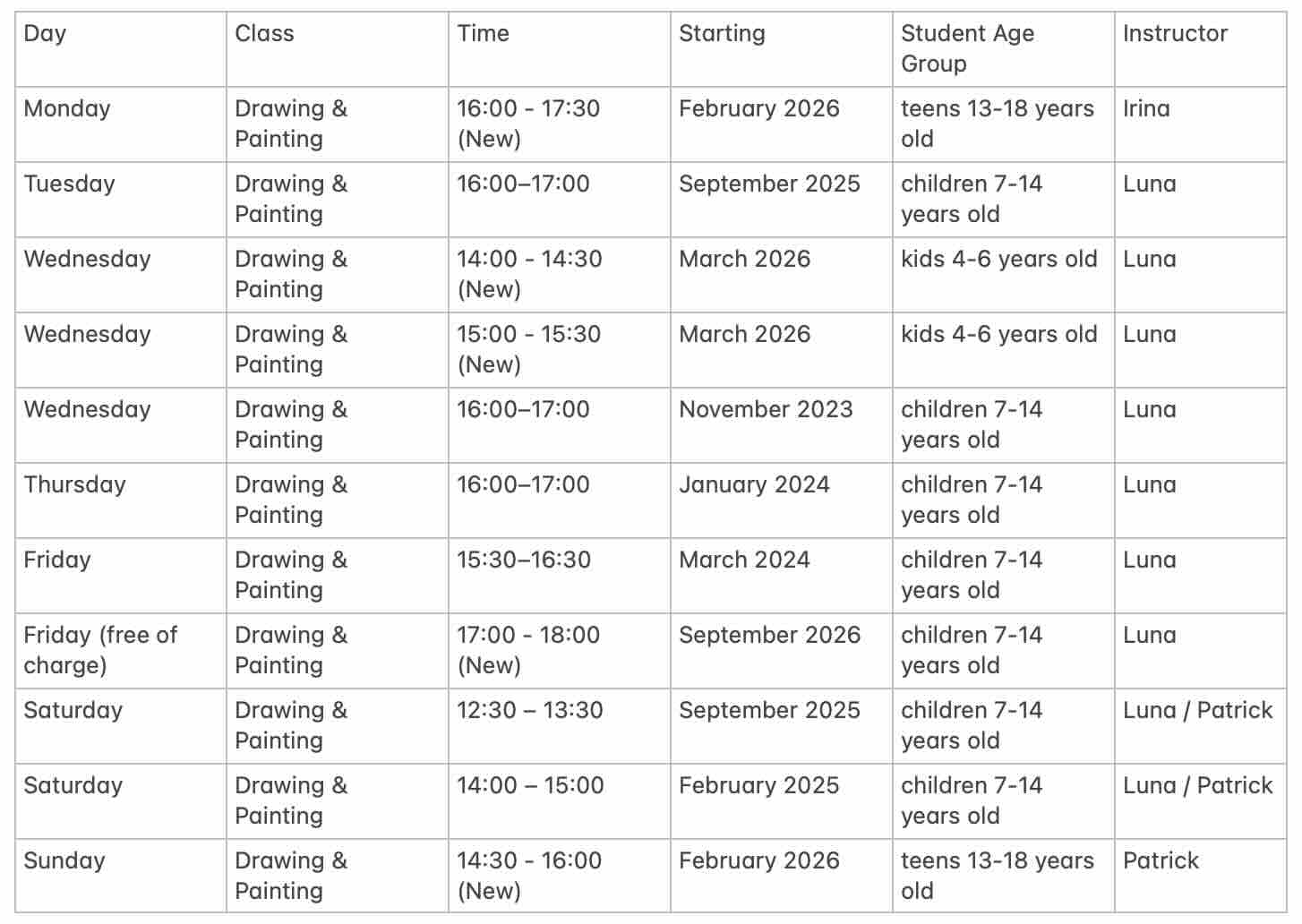 Luna Nguyen Atelier Almere Weekly Schedule for Children