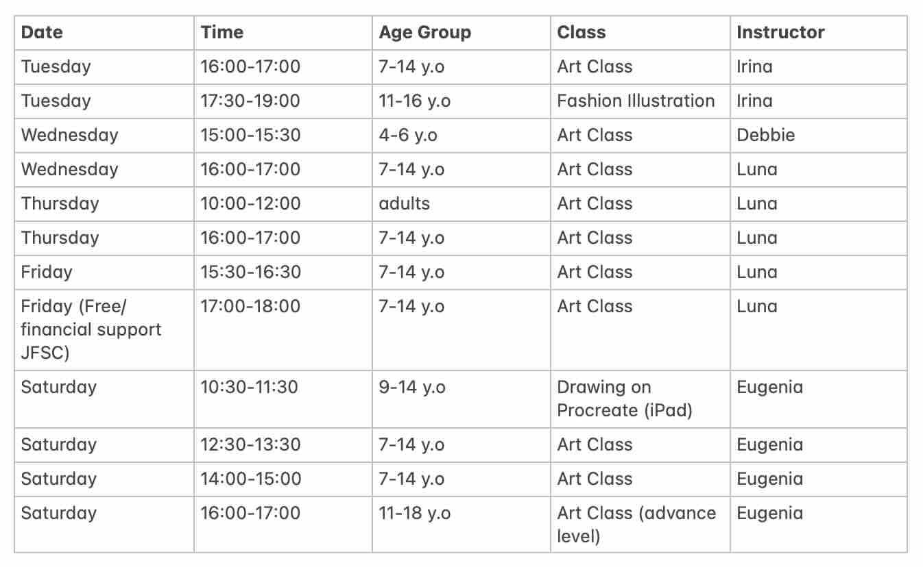 LNA Art Class Schedules August 2026 - July 2027
